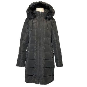 Sam Edelman Black Puffer Coat Faux Fur Removable Hood Cozy Long Winter Jacket XL